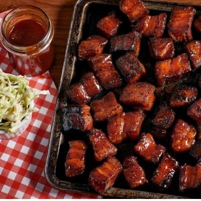 Smoked Pork Belly Burnt Ends >