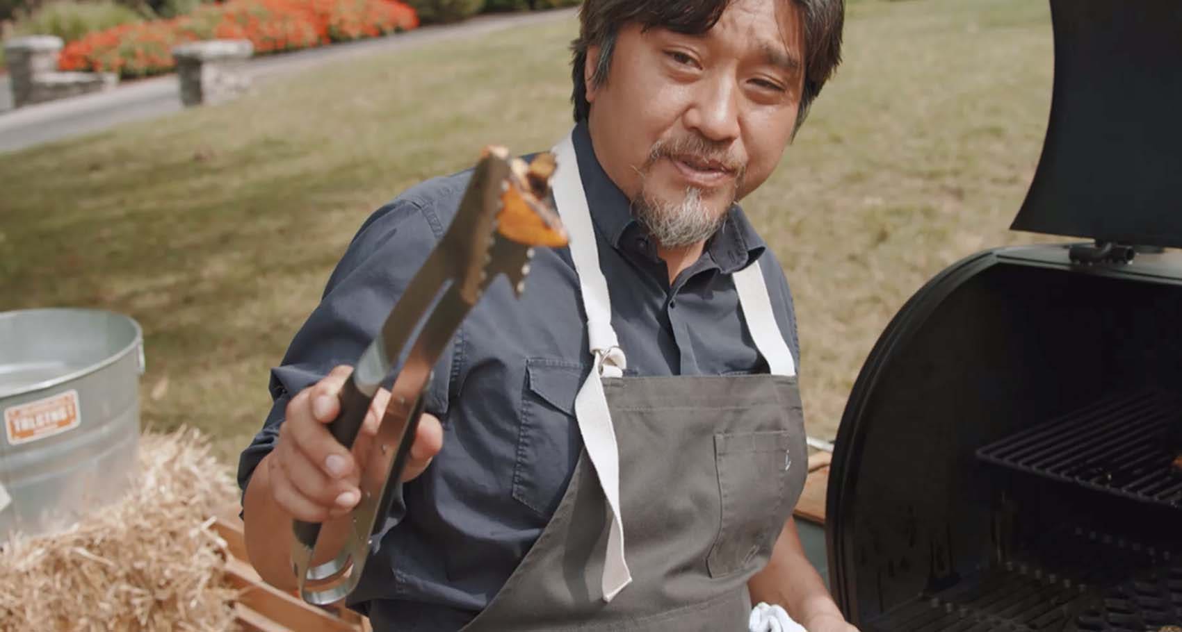 Chef Edward Lee using the Oklahoma Joe's Rider DLX Pellet Grill to make smoked short rib with Buffalo Trace bourbon peach glaze